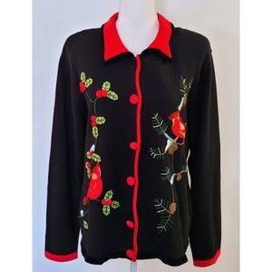 Vintage Bobbie Bell Embroidered Cardinals Christmas Cardigan Sweater Large, EUC
